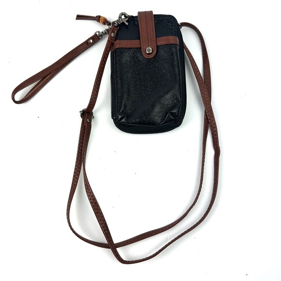 The Sak Handbags - The Sak Iris North South Crossbody Wallet Bag Black Brown Leather Wristlet Strap